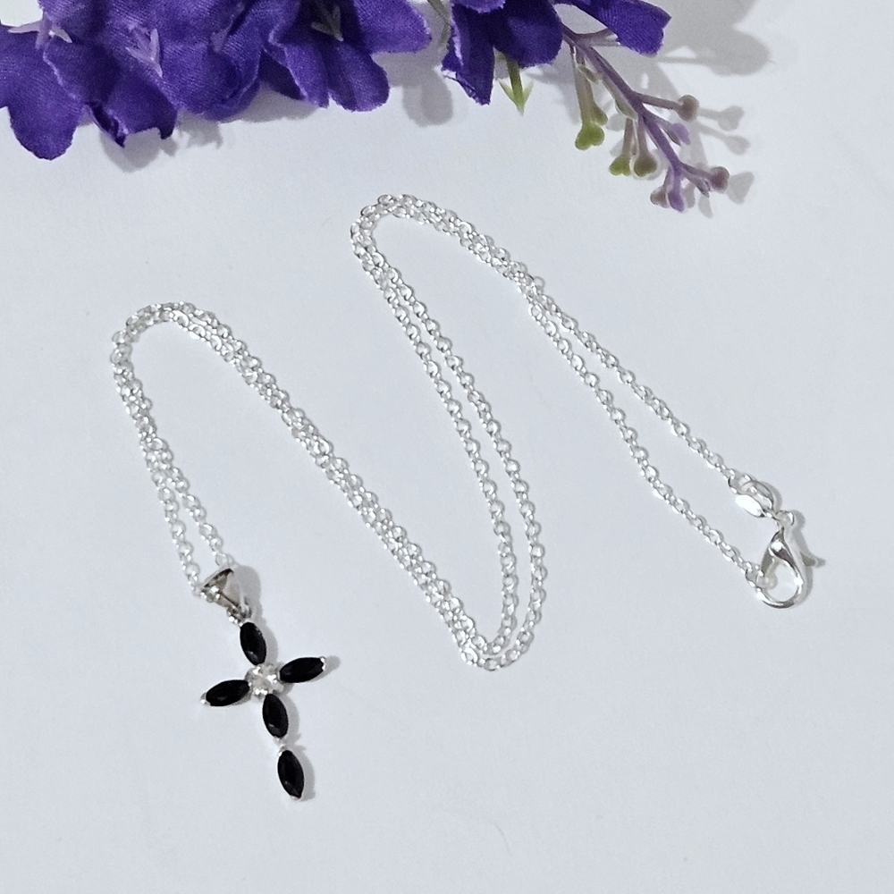 Sterling Silver Cz Black Cross Pendant Necklace